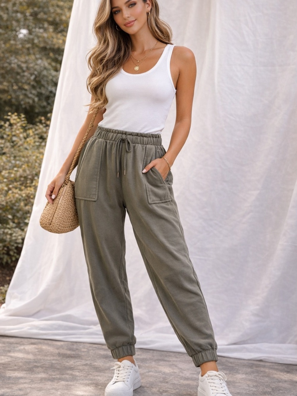 Rachel Roy Olive Jogger Pants High Waist Drawstring Cargo Pocket Athleisure